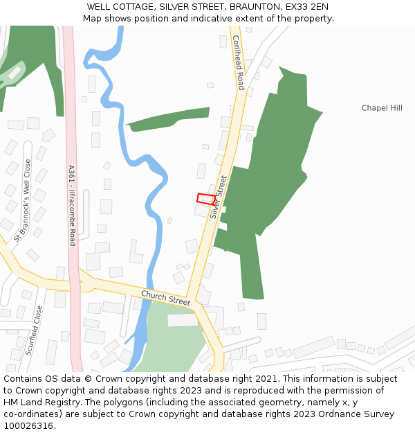 WELL COTTAGE, SILVER STREET, BRAUNTON, EX33 2EN: Location map and indicative extent of plot