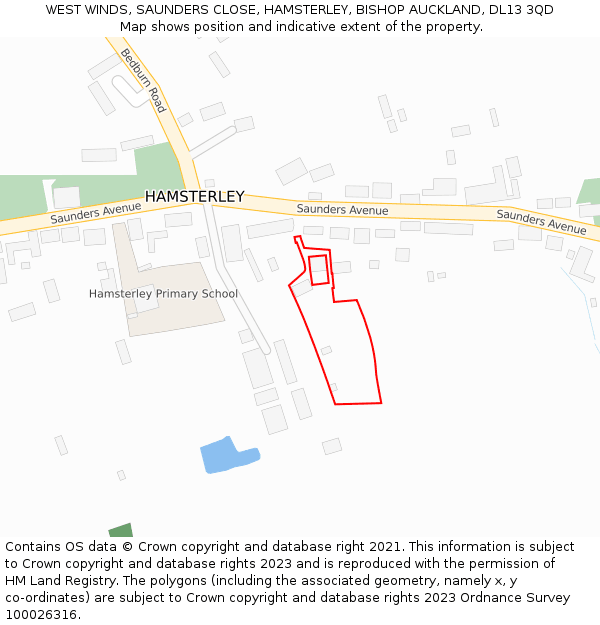 WEST WINDS, SAUNDERS CLOSE, HAMSTERLEY, BISHOP AUCKLAND, DL13 3QD: Location map and indicative extent of plot