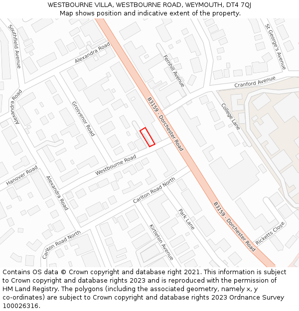 WESTBOURNE VILLA, WESTBOURNE ROAD, WEYMOUTH, DT4 7QJ: Location map and indicative extent of plot