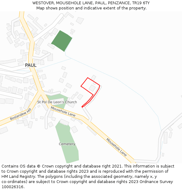 WESTOVER, MOUSEHOLE LANE, PAUL, PENZANCE, TR19 6TY: Location map and indicative extent of plot