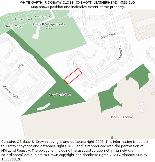 WHITE GARTH, RIDGEWAY CLOSE, OXSHOTT, LEATHERHEAD, KT22 0LQ: Location map and indicative extent of plot