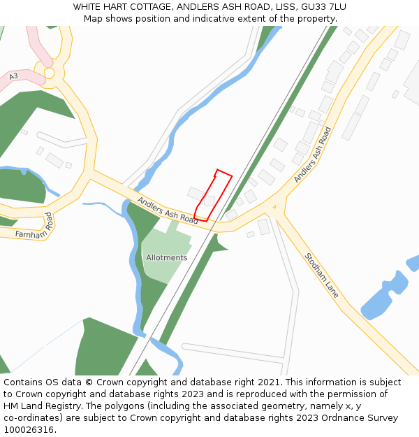 WHITE HART COTTAGE, ANDLERS ASH ROAD, LISS, GU33 7LU: Location map and indicative extent of plot