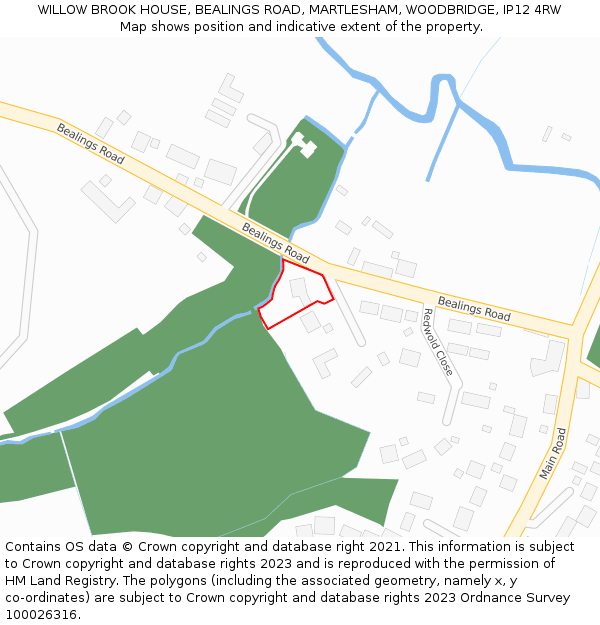 WILLOW BROOK HOUSE, BEALINGS ROAD, MARTLESHAM, WOODBRIDGE, IP12 4RW: Location map and indicative extent of plot