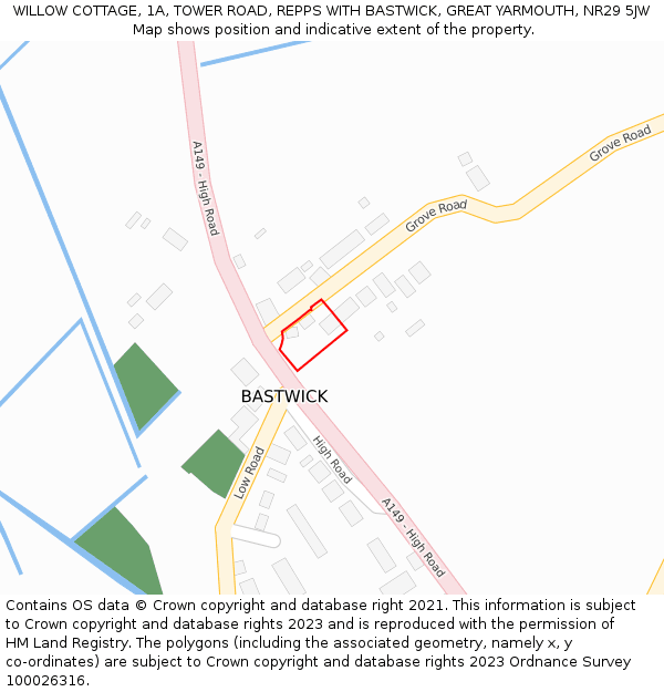 WILLOW COTTAGE, 1A, TOWER ROAD, REPPS WITH BASTWICK, GREAT YARMOUTH, NR29 5JW: Location map and indicative extent of plot