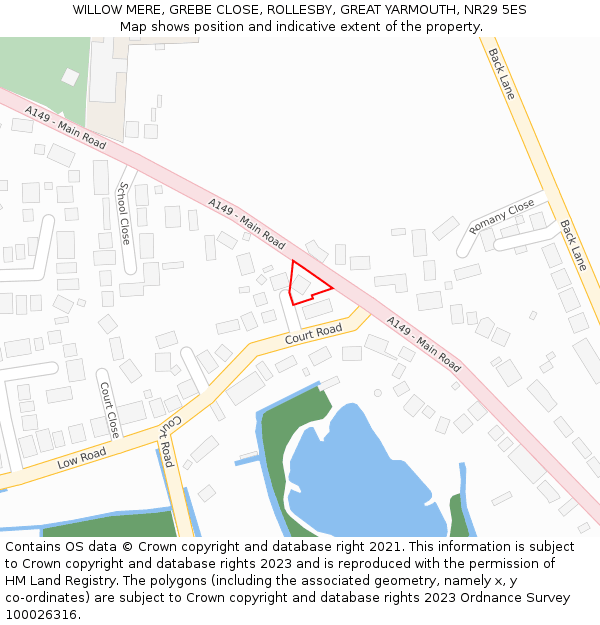 WILLOW MERE, GREBE CLOSE, ROLLESBY, GREAT YARMOUTH, NR29 5ES: Location map and indicative extent of plot