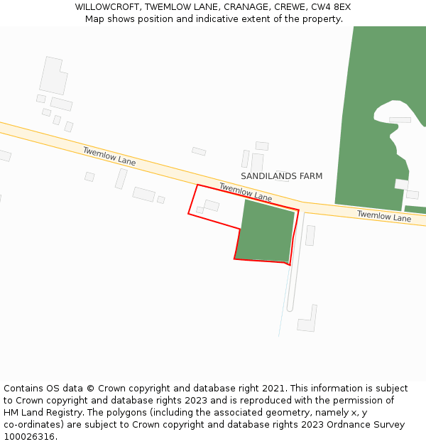 WILLOWCROFT, TWEMLOW LANE, CRANAGE, CREWE, CW4 8EX: Location map and indicative extent of plot