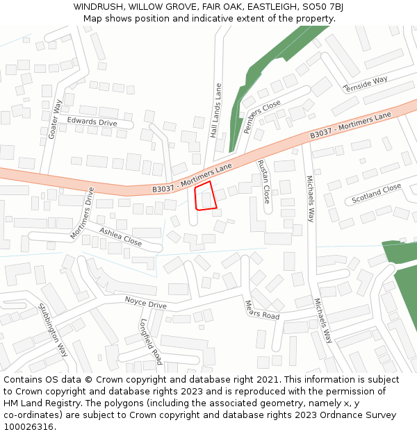 WINDRUSH, WILLOW GROVE, FAIR OAK, EASTLEIGH, SO50 7BJ: Location map and indicative extent of plot