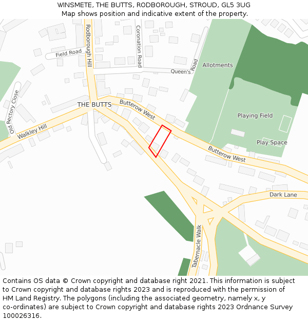 WINSMETE, THE BUTTS, RODBOROUGH, STROUD, GL5 3UG: Location map and indicative extent of plot