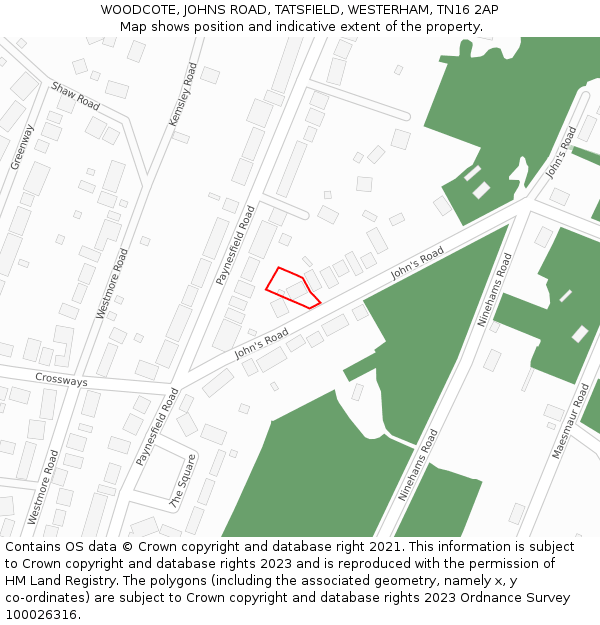 WOODCOTE, JOHNS ROAD, TATSFIELD, WESTERHAM, TN16 2AP: Location map and indicative extent of plot