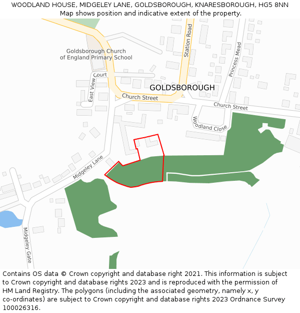 WOODLAND HOUSE, MIDGELEY LANE, GOLDSBOROUGH, KNARESBOROUGH, HG5 8NN: Location map and indicative extent of plot