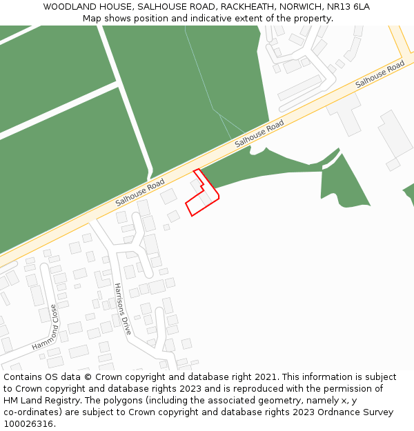 WOODLAND HOUSE, SALHOUSE ROAD, RACKHEATH, NORWICH, NR13 6LA: Location map and indicative extent of plot