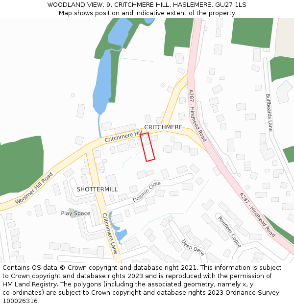 WOODLAND VIEW, 9, CRITCHMERE HILL, HASLEMERE, GU27 1LS: Location map and indicative extent of plot