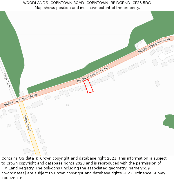 WOODLANDS, CORNTOWN ROAD, CORNTOWN, BRIDGEND, CF35 5BG: Location map and indicative extent of plot