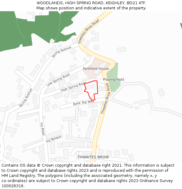 WOODLANDS, HIGH SPRING ROAD, KEIGHLEY, BD21 4TF: Location map and indicative extent of plot