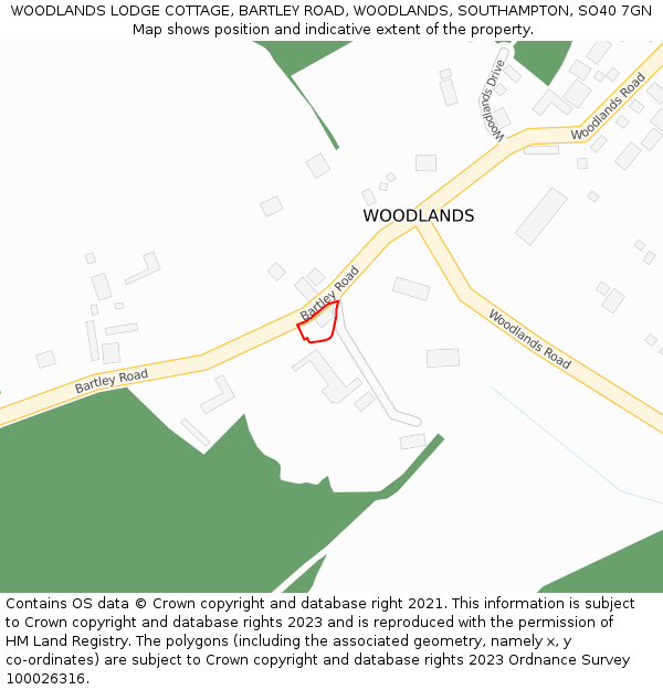 WOODLANDS LODGE COTTAGE, BARTLEY ROAD, WOODLANDS, SOUTHAMPTON, SO40 7GN: Location map and indicative extent of plot