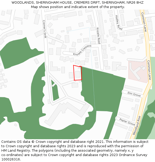 WOODLANDS, SHERINGHAM HOUSE, CREMERS DRIFT, SHERINGHAM, NR26 8HZ: Location map and indicative extent of plot