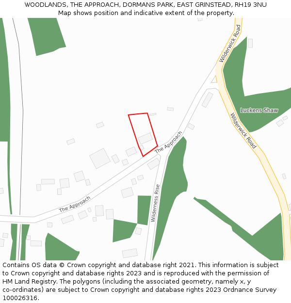 WOODLANDS, THE APPROACH, DORMANS PARK, EAST GRINSTEAD, RH19 3NU: Location map and indicative extent of plot