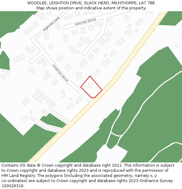 WOODLEE, LEIGHTON DRIVE, SLACK HEAD, MILNTHORPE, LA7 7BE: Location map and indicative extent of plot