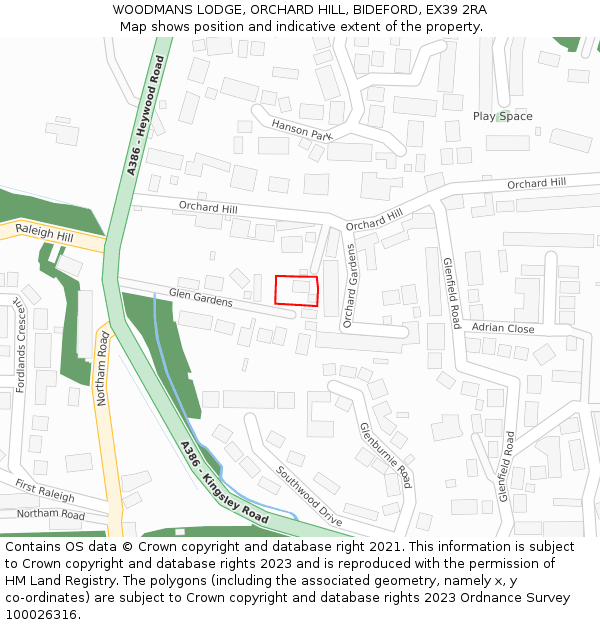 WOODMANS LODGE, ORCHARD HILL, BIDEFORD, EX39 2RA: Location map and indicative extent of plot