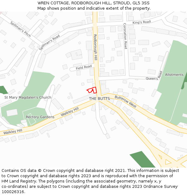 WREN COTTAGE, RODBOROUGH HILL, STROUD, GL5 3SS: Location map and indicative extent of plot