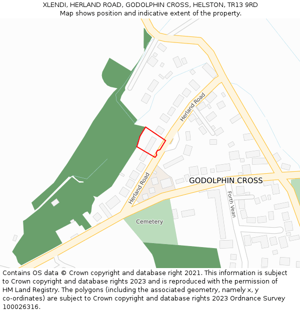 XLENDI, HERLAND ROAD, GODOLPHIN CROSS, HELSTON, TR13 9RD: Location map and indicative extent of plot