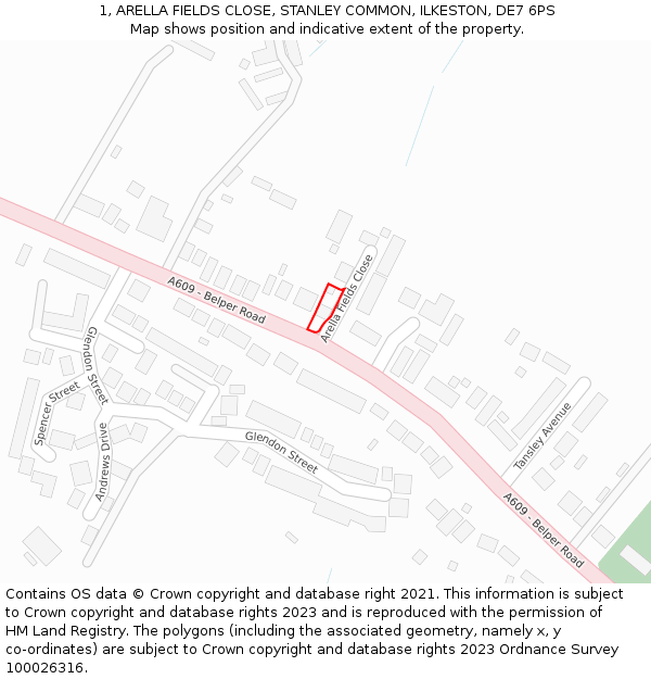 1, ARELLA FIELDS CLOSE, STANLEY COMMON, ILKESTON, DE7 6PS: Location map and indicative extent of plot