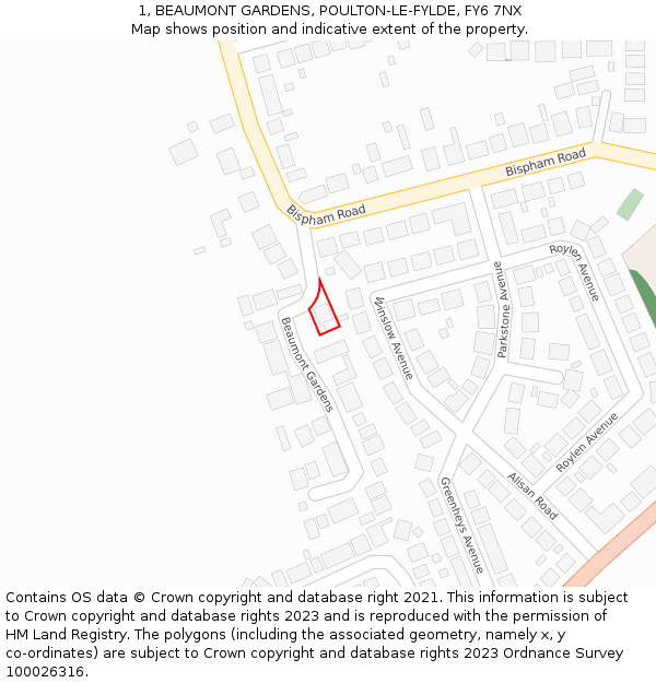 1, BEAUMONT GARDENS, POULTON-LE-FYLDE, FY6 7NX: Location map and indicative extent of plot