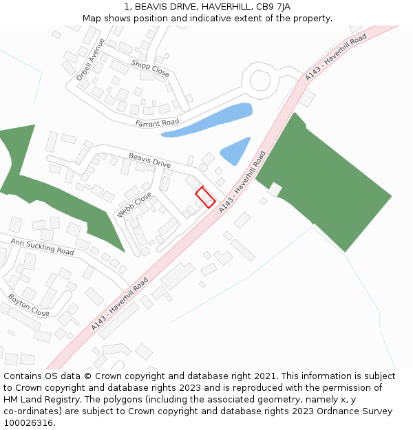 1, BEAVIS DRIVE, HAVERHILL, CB9 7JA: Location map and indicative extent of plot