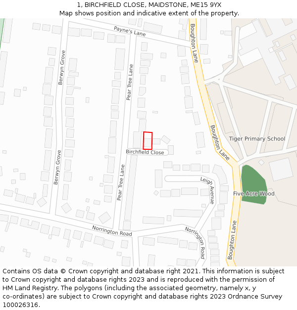 1, BIRCHFIELD CLOSE, MAIDSTONE, ME15 9YX: Location map and indicative extent of plot