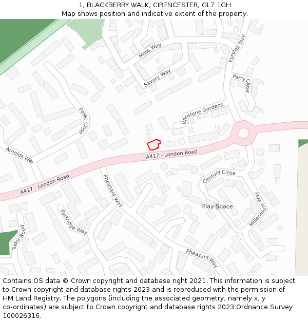 1, BLACKBERRY WALK, CIRENCESTER, GL7 1GH: Location map and indicative extent of plot