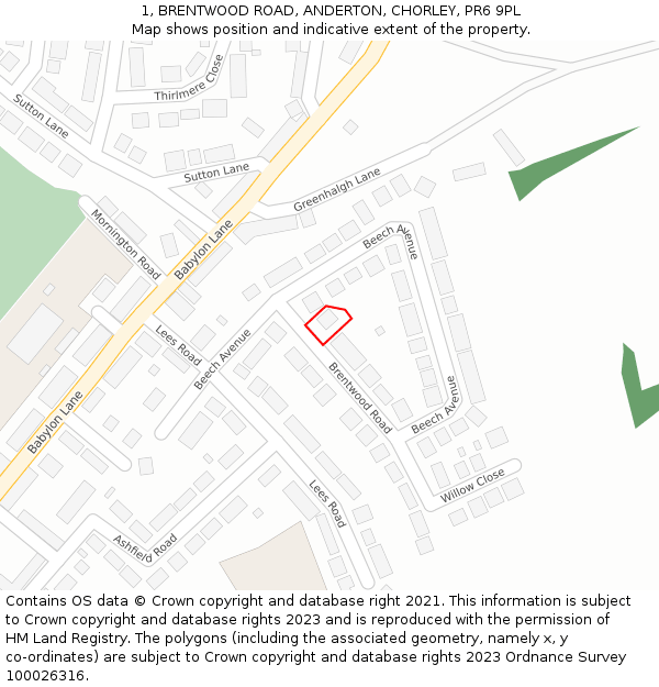 1, BRENTWOOD ROAD, ANDERTON, CHORLEY, PR6 9PL: Location map and indicative extent of plot