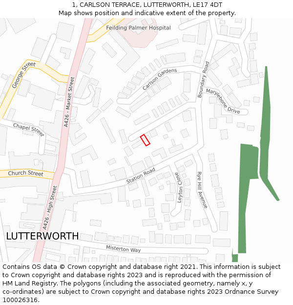 1, CARLSON TERRACE, LUTTERWORTH, LE17 4DT: Location map and indicative extent of plot