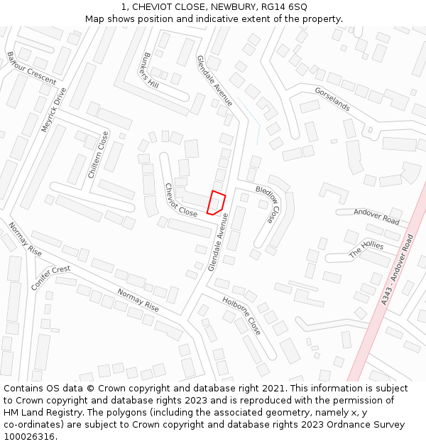 1, CHEVIOT CLOSE, NEWBURY, RG14 6SQ: Location map and indicative extent of plot