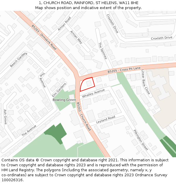 1, CHURCH ROAD, RAINFORD, ST HELENS, WA11 8HE: Location map and indicative extent of plot