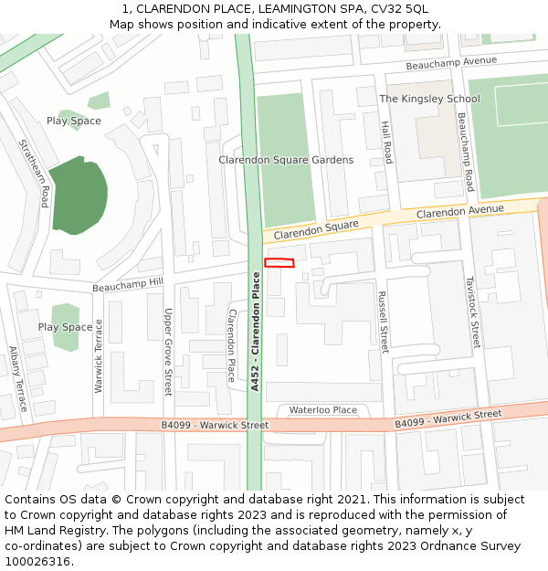 1, CLARENDON PLACE, LEAMINGTON SPA, CV32 5QL: Location map and indicative extent of plot