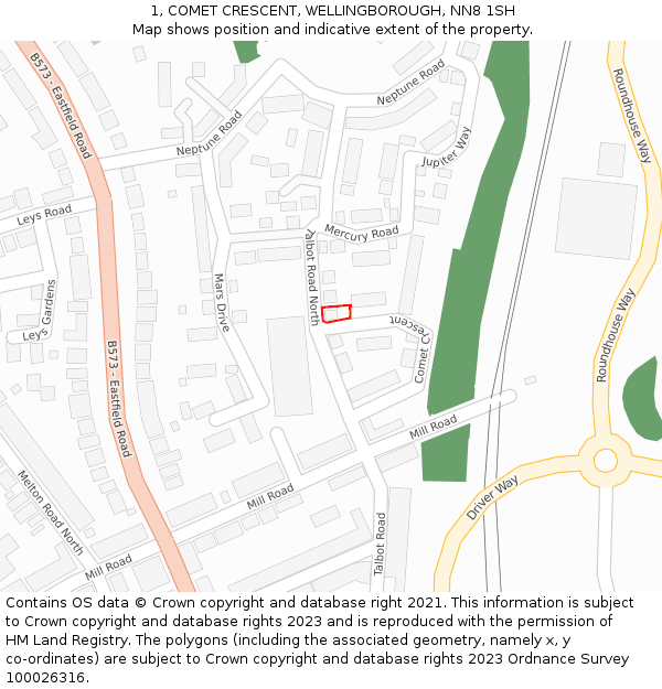 1, COMET CRESCENT, WELLINGBOROUGH, NN8 1SH: Location map and indicative extent of plot