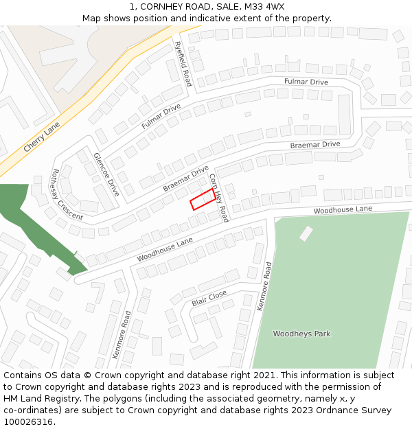 1, CORNHEY ROAD, SALE, M33 4WX: Location map and indicative extent of plot