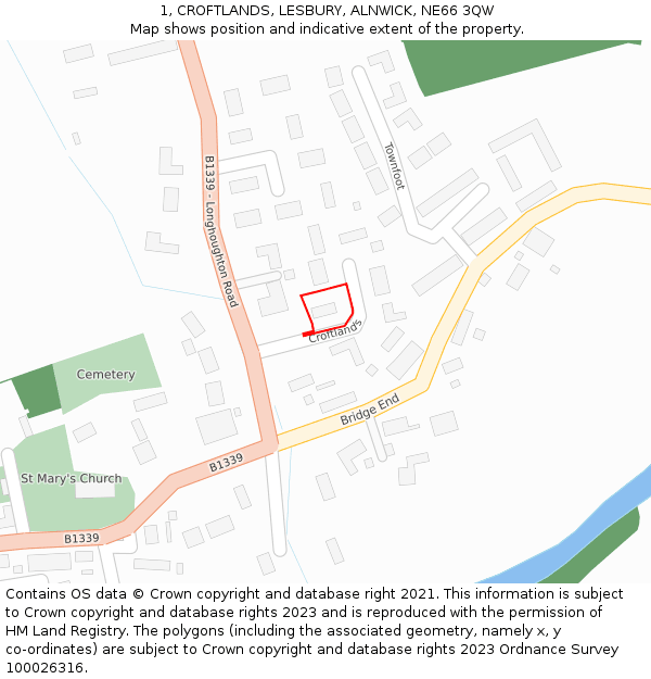 1, CROFTLANDS, LESBURY, ALNWICK, NE66 3QW: Location map and indicative extent of plot