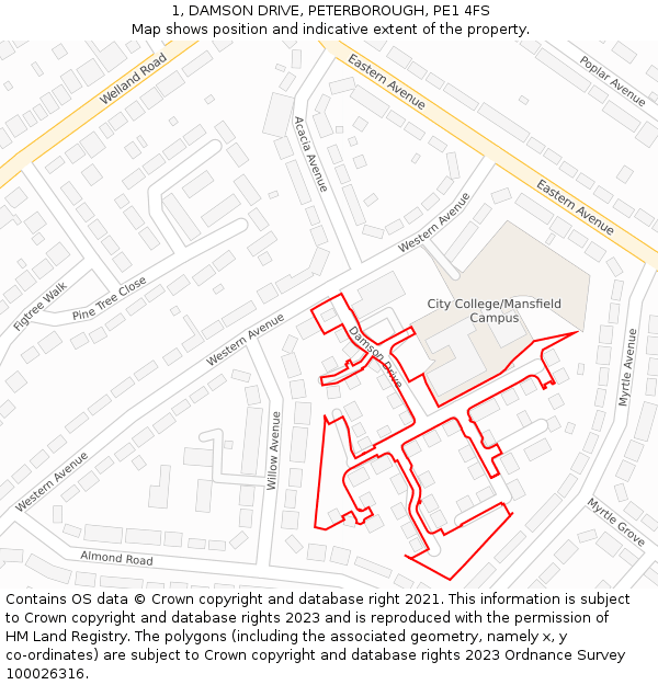 1, DAMSON DRIVE, PETERBOROUGH, PE1 4FS: Location map and indicative extent of plot