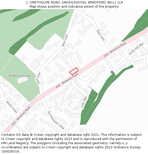 1, DRIFTHOLME ROAD, DRIGHLINGTON, BRADFORD, BD11 1LR: Location map and indicative extent of plot