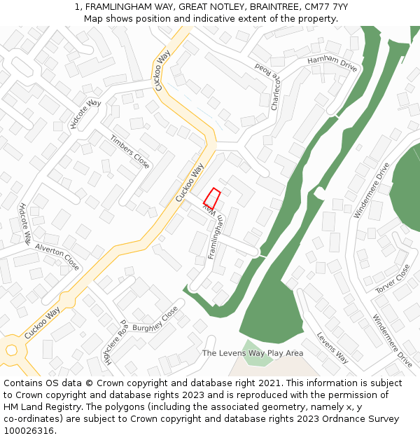 1, FRAMLINGHAM WAY, GREAT NOTLEY, BRAINTREE, CM77 7YY: Location map and indicative extent of plot