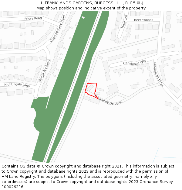 1, FRANKLANDS GARDENS, BURGESS HILL, RH15 0UJ: Location map and indicative extent of plot