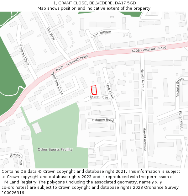 1, GRANT CLOSE, BELVEDERE, DA17 5GD: Location map and indicative extent of plot