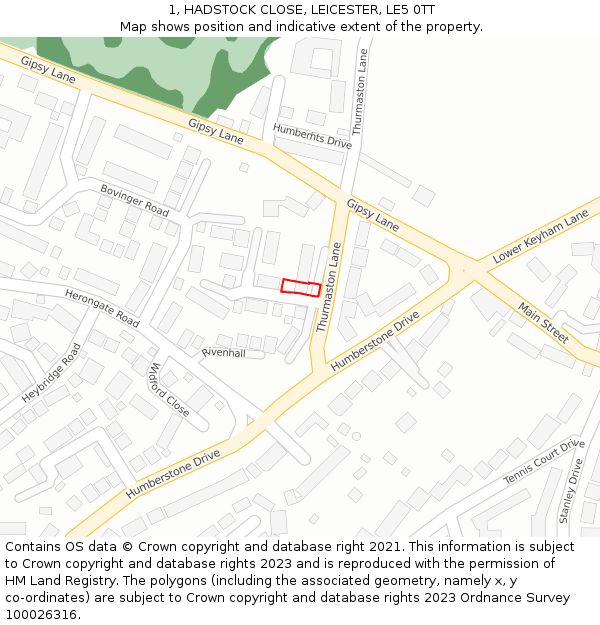 1, HADSTOCK CLOSE, LEICESTER, LE5 0TT: Location map and indicative extent of plot