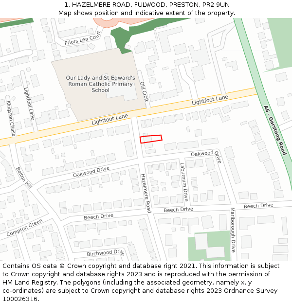 1, HAZELMERE ROAD, FULWOOD, PRESTON, PR2 9UN: Location map and indicative extent of plot