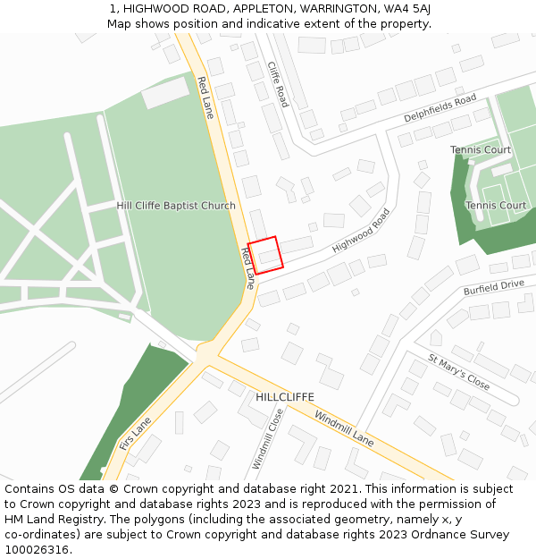 1, HIGHWOOD ROAD, APPLETON, WARRINGTON, WA4 5AJ: Location map and indicative extent of plot