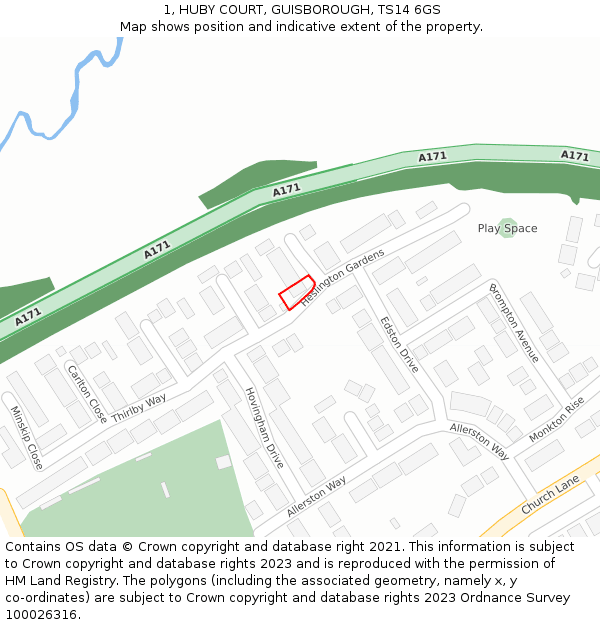 1, HUBY COURT, GUISBOROUGH, TS14 6GS: Location map and indicative extent of plot