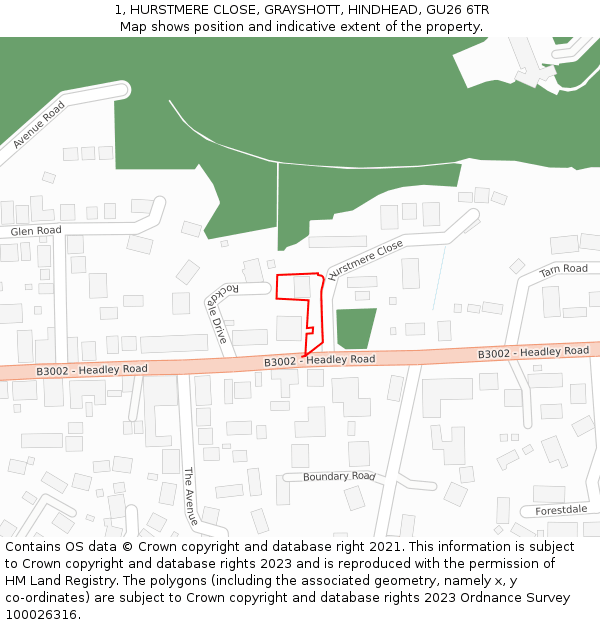 1, HURSTMERE CLOSE, GRAYSHOTT, HINDHEAD, GU26 6TR: Location map and indicative extent of plot