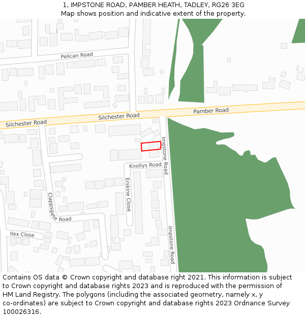 1, IMPSTONE ROAD, PAMBER HEATH, TADLEY, RG26 3EG: Location map and indicative extent of plot