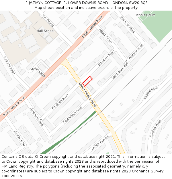 1 JAZMYN COTTAGE, 1, LOWER DOWNS ROAD, LONDON, SW20 8QF: Location map and indicative extent of plot